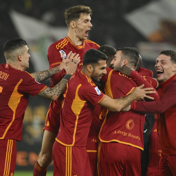 Home 151 AS Roma players celebrate the team's 2-0 win over Napoli in a Serie A encounter on Saturday 23rd December 2023.