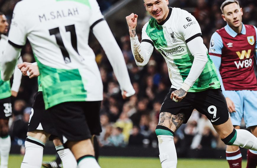 Liverpool FC players Darwin Nunez and Mohammed Salah celebrate the team's 2-0 win over Burnley in a Premier League encounter on Tuesday 26th December 2023.