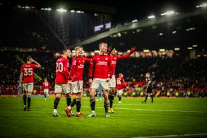 Home 8 Manchester United FC players celebrate the team's 3-2 win over Aston Villa in a Premier League encounter on Tuesday 26th December 2023.