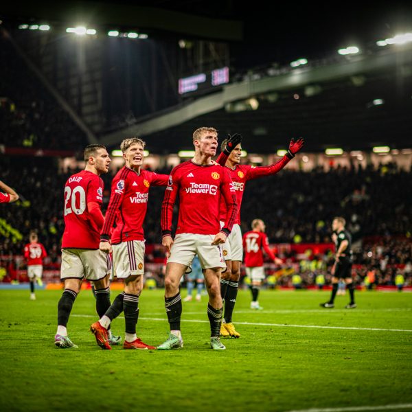 Manchester United FC players celebrate the team's 3-2 win over Aston Villa in a Premier League encounter on Tuesday 26th December 2023.