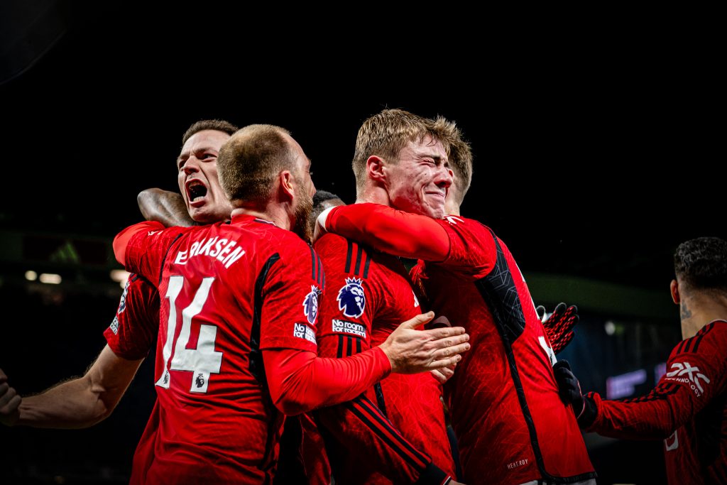 Manchester United FC players celebrate the team's 3-2 win over Aston Villa in a Premier League encounter on Tuesday 26th December 2023.