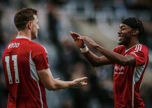 Home 8 Nottingham Forest FC players Chris Wood and Anthony Elanga celebrate the team's 3-1 win over Newcastle United in a Premier League encounter on Tuesday 26th December 2023.