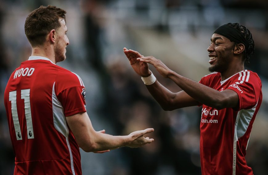 Nottingham Forest FC players Chris Wood and Anthony Elanga celebrate the team's 3-1 win over Newcastle United in a Premier League encounter on Tuesday 26th December 2023.