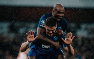 Home 8 West Ham United players Angelo Ogbonna and Dinos Mavropanos as the Hammers beat Arsenal 2-0 in their English Premier League match on 28 December 2023.