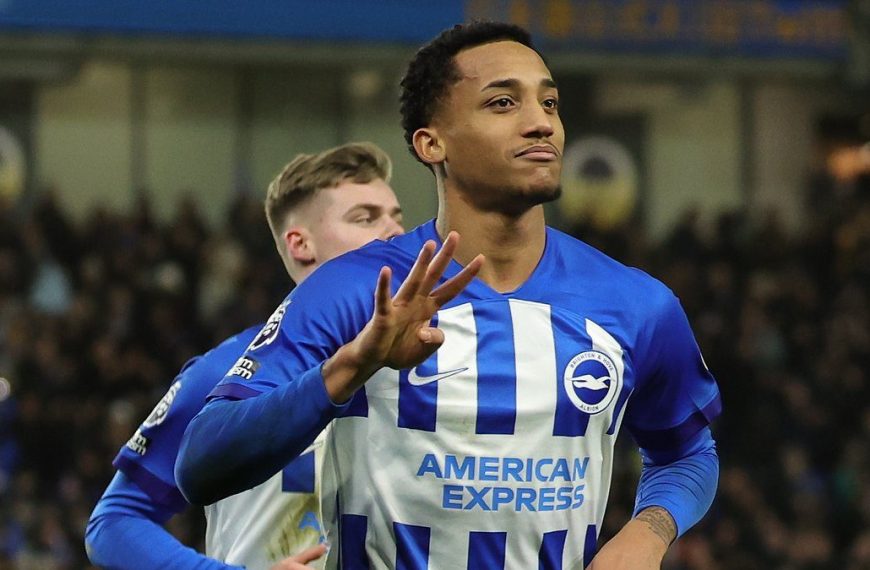 Brighton player Joao Pedro celebrates one of his goals as BHA beat Tottenham 4-2 in their English Premier League match on 28 December 2023.