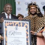 President Cyril Ramaphosa hands over the certificate of recognition to King Misuzulu kaZwelithini. In the picture are also KZN Premier Nomusa Dube-Ncube, COGTA Minister Nkosazana Dlamini-Zuma, and Eswatini King - King Mswati.