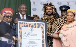 Home 8 President Cyril Ramaphosa hands over the certificate of recognition to King Misuzulu kaZwelithini. In the picture are also KZN Premier Nomusa Dube-Ncube, COGTA Minister Nkosazana Dlamini-Zuma, and Eswatini King - King Mswati.