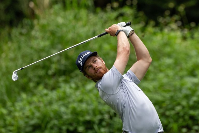 Kieran Vincent of Zimbabwe tees off on hole 5 during the first round of the Hong Kong Open at Hong Kong Golf Club on November 09, 2023 in Hong Kong, China.