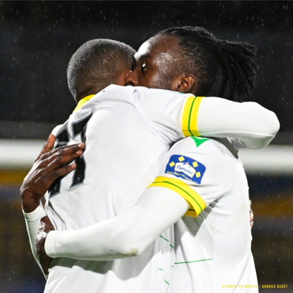 FC Nantes player Tino Kadewere celebrates one of his goals with a teammate as Nantes beat League 2 side Pau FC 4-1 in their French Cup match on 5 January 2024. [Picture: @FCNantes/ X]