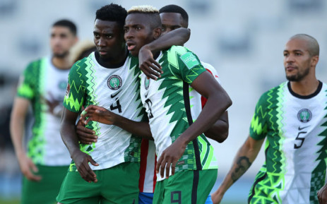 Nigeria players wait for a decision after Victor Osimhen scored a goal in their 2023 Afcon qualifier against Sao Tome e Principe on 13 June 2022. Picture: @CAF_Online/Twitter