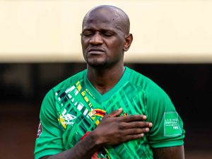 Zimbabwe international Bruce Kangwa singing the national athem before a FIFA World Cup qualifiers match between Zimbabwe and Ethiopia on 16th November 2021. [Photo by: Libertino/ Liberty Mugari]