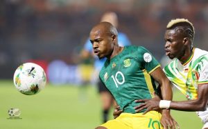 Home 8 South Africa's Bafana Bafana player tussle for the ball during the Africa Cup of Nations (AFCON) Group E match vs Mali on 16th January 2024 in Ivory Coast.