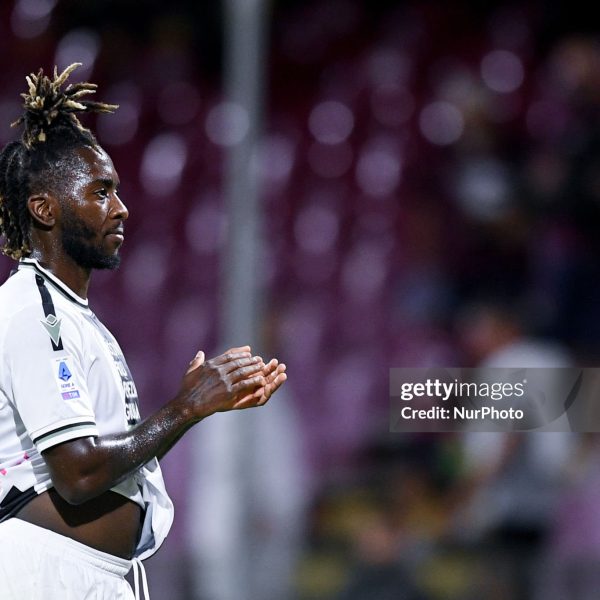 Home 166 Jordan Zemura of Udinese Calcio greets the fans during the Serie A match between US Salernitana and Udinese Calcio at Stadio Arechi on August 28, 2023 in Salerno, Italy. (Photo by Giuseppe Maffia/NurPhoto via Getty Images)