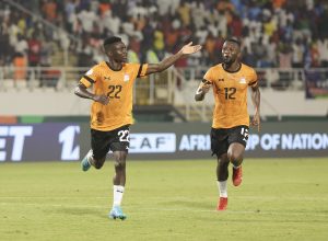 Kings Kangwa of Zambia celebrates goal during the 2023 Africa Cup of Nations Final match between DR Congo and Zambia at the at the Laurent Pokou Stadium in San Pedro, Cote dIvoire on 17 January 2024 ©Gavin Barker/ BackpagePix