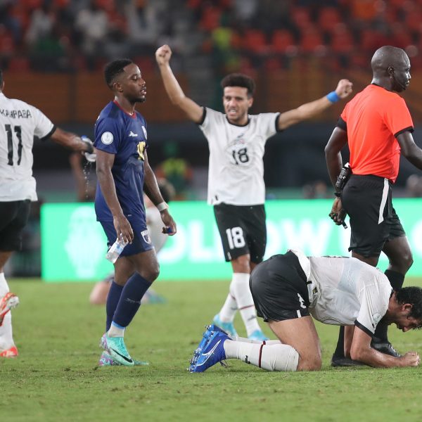 Egypt national team players celebrate after sealing qualification to the last 16 of the Africa Cup of Nations (CAN) 2024 on the last day of group B football match between Cape Verde and Egypt at the Felix Houphouet-Boigny Stadium in Abidjan on 22 January 2024.