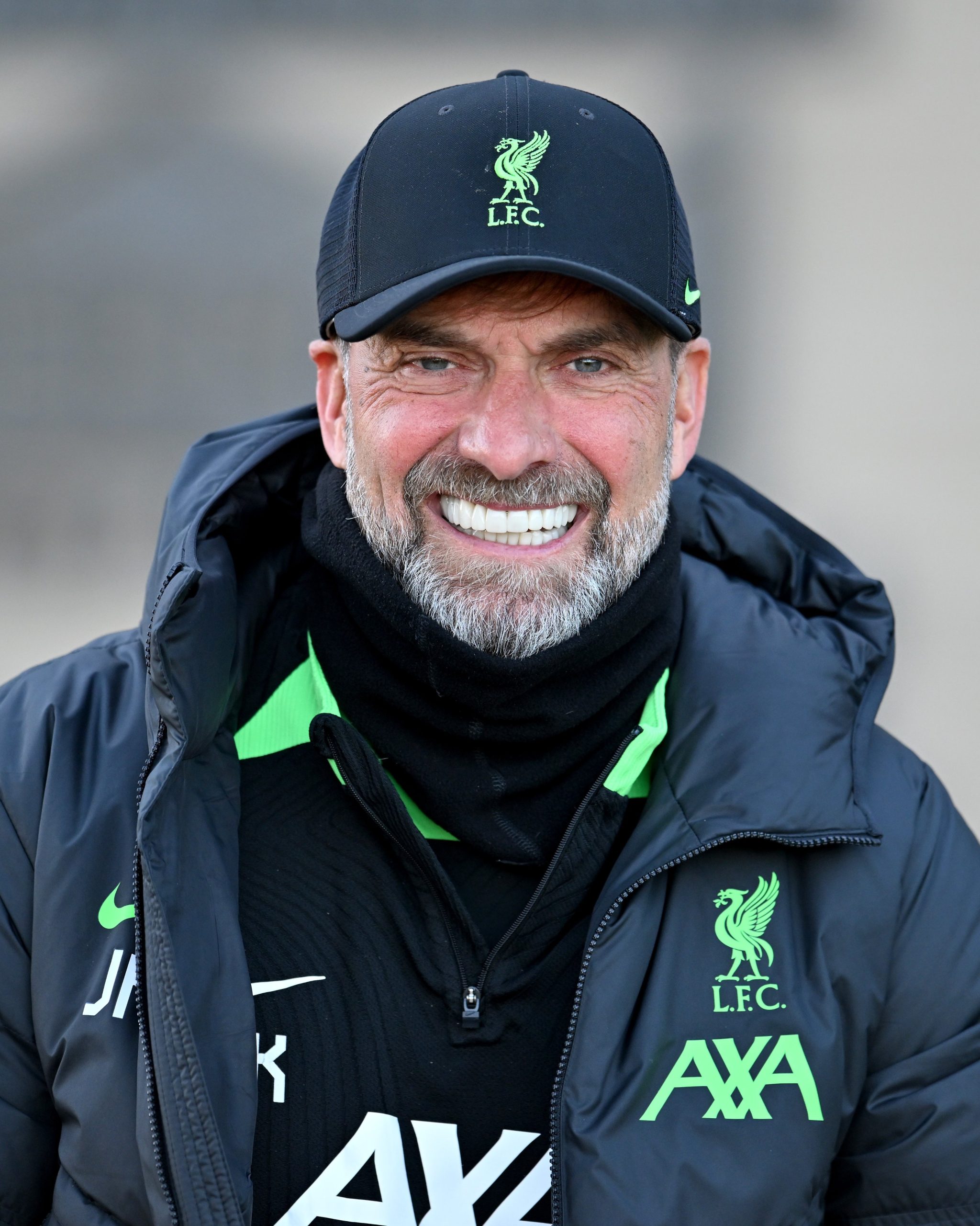 Liverpool manager Jurgen Klopp smiling for the camera at the club's training session on Friday 26th January 2024.
