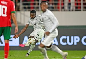 Home 7 Bafana Bafana star Teboho Mokoena (South Africa) takes a freekick during the 2023 Africa Cup of Nations Finals match between South Africa and Morocco in Ivory Coast on 30 January 2024 ©Samuel Shivambu/ BackpagePix