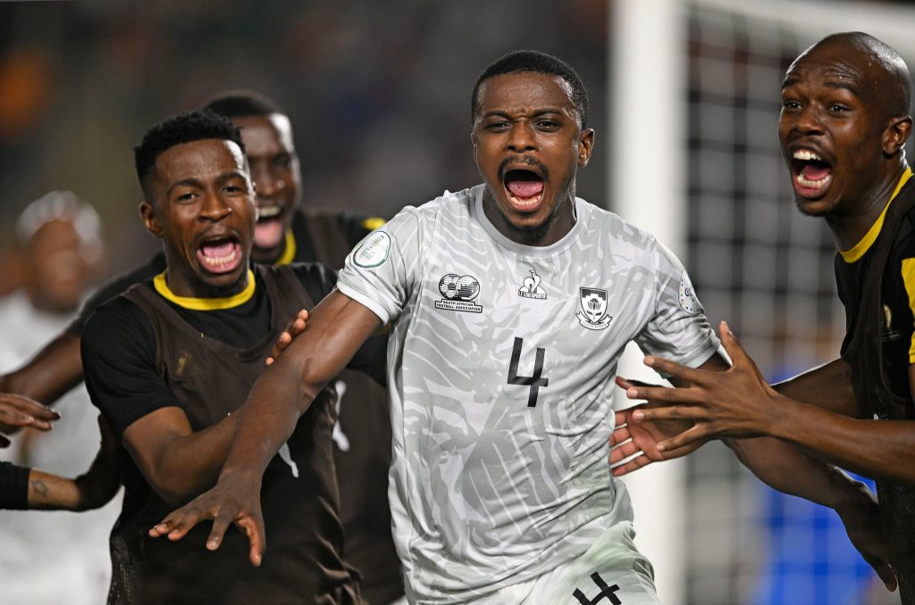 Bafana Bafana star Teboho Mokoena (South Africa) celebrates a goal with teammates during the 2023 Africa Cup of Nations Finals match between South Africa and Morocco in Ivory Coast on 30 January 2024 ©Samuel Shivambu/ BackpagePix