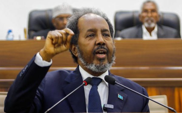 Somalia's President Hassan Sheikh Mohamud addresses parliament regarding the Ethiopia-Somaliland port deal. [Photograph: Feisal Omar/ Reuters]
