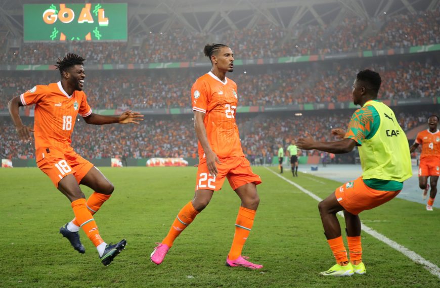 Sebastien Haller of Ivory Coast celebrates a goal with teammates during the 2023 Africa Cup of Nations Finals match between Ivory Coast and DR Congo in Ivory Coast on 7 February 2024 ©Samuel Shivambu/ BackpagePix