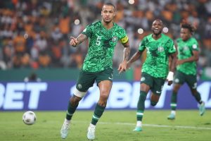 William Troost-Ekong of Nigeria celebrates a goal with teammates during the 2023 Africa Cup of Nations Finals match between Nigeria and South Africa in Ivory Coast on 7 February 2024 ©Samuel Shivambu/ BackpagePix