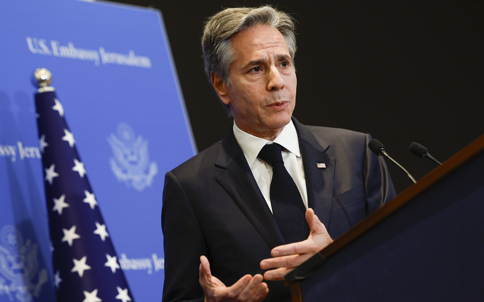 U.S. Secretary of State Antony Blinken answers questions during a press conference in Tel Aviv, Israel, Tuesday, Jan. 9, 2024. (Evelyn Hockstein/Pool Photo via AP)
