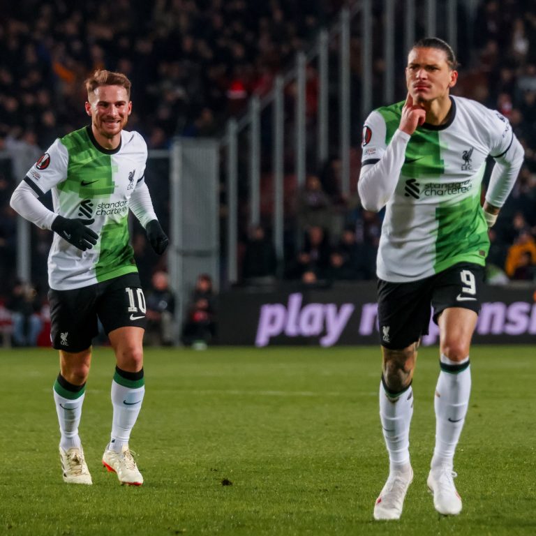 Liverpool players Darwin Nunez (9) and Alexis Mac Allister (10) celebrate a goal during the match against Sparta Prague in a Europa League match played on Thursday 7th March 2024. [Picture via: Liverpool/X]