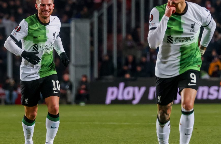Liverpool players Darwin Nunez (9) and Alexis Mac Allister (10) celebrate a goal during the match against Sparta Prague in a Europa League match played on Thursday 7th March 2024. [Picture via: Liverpool/X]