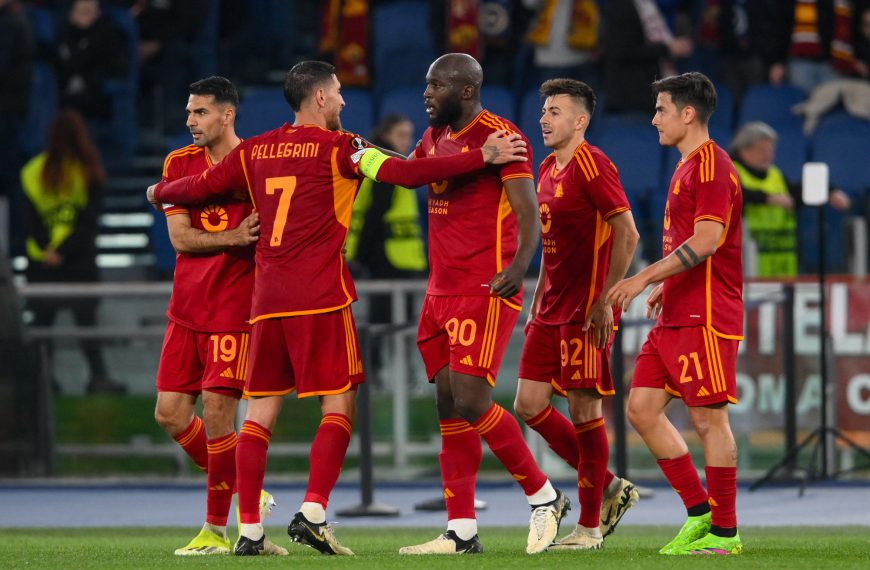 AS Roma players celebrate a goal during the match against Brighton and Hove in a Europa League match played on Thursday 7th March 2024 in Rome, Italy. [Picture via: AS Rome/X]