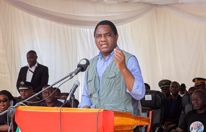 Zambian president Hakainde Hichilema officiating at the burial of senior citizen and rancher, Mr Teddy Namainga Mukamaangwe, in Maala area of Namwala District on Saturday 2 March 2024.