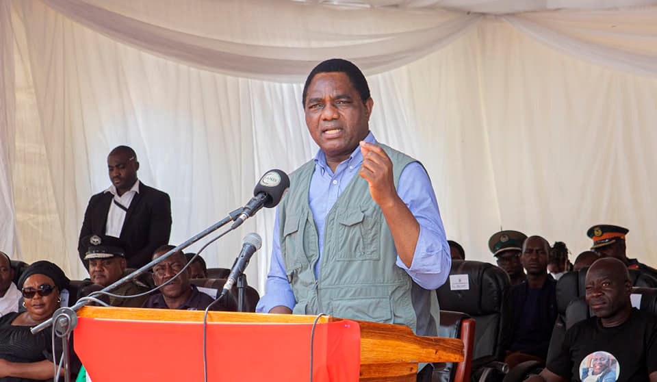 Zambian president Hakainde Hichilema officiating at the burial of senior citizen and rancher, Mr Teddy Namainga Mukamaangwe, in Maala area of Namwala District on Saturday 2 March 2024.
