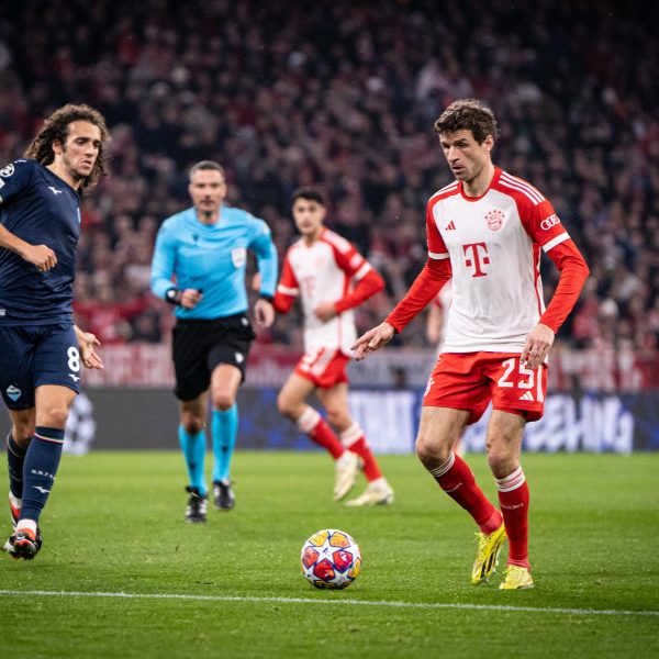 Home 164 Bayern Munich forward Thomas Mueller moves past Lazio player Matteo Guendouzi in a Champions League match player on Tuesday 5th March 2024 in Munich, Germany.