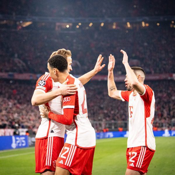Bayern Munich forward Harry Kane celebrates with teammates after scoring against Lazio in a Champions League match played on Tuesday 5th March 2024 in Munich, Germany.