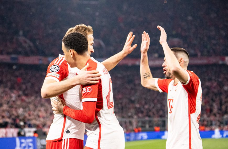 Bayern Munich forward Harry Kane celebrates with teammates after scoring against Lazio in a Champions League match played on Tuesday 5th March 2024 in Munich, Germany.