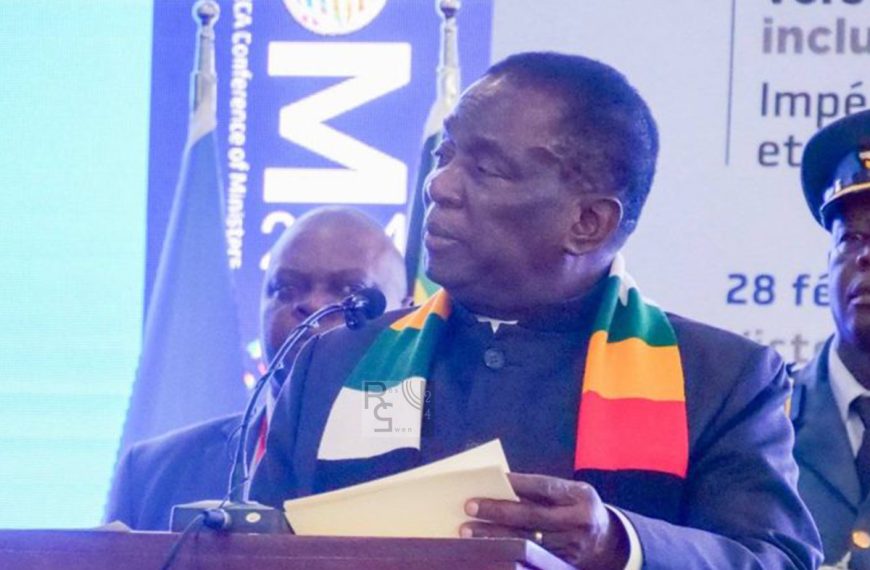 Zimbabwe President Emmerson Mnangagwa addressing delegates at the Economic Commission for Africa Conference of African Ministers of Finance, Planning and Development 2024 held in Victoria Falls on Monday 4 March 2024.