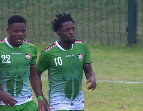 Kenyan striker Austin Odhiambo celebrates with team mates after scoring a goal against Zimbabwe in the COSAFA Cup 2024 match on Tuesday 2nd July 2024.