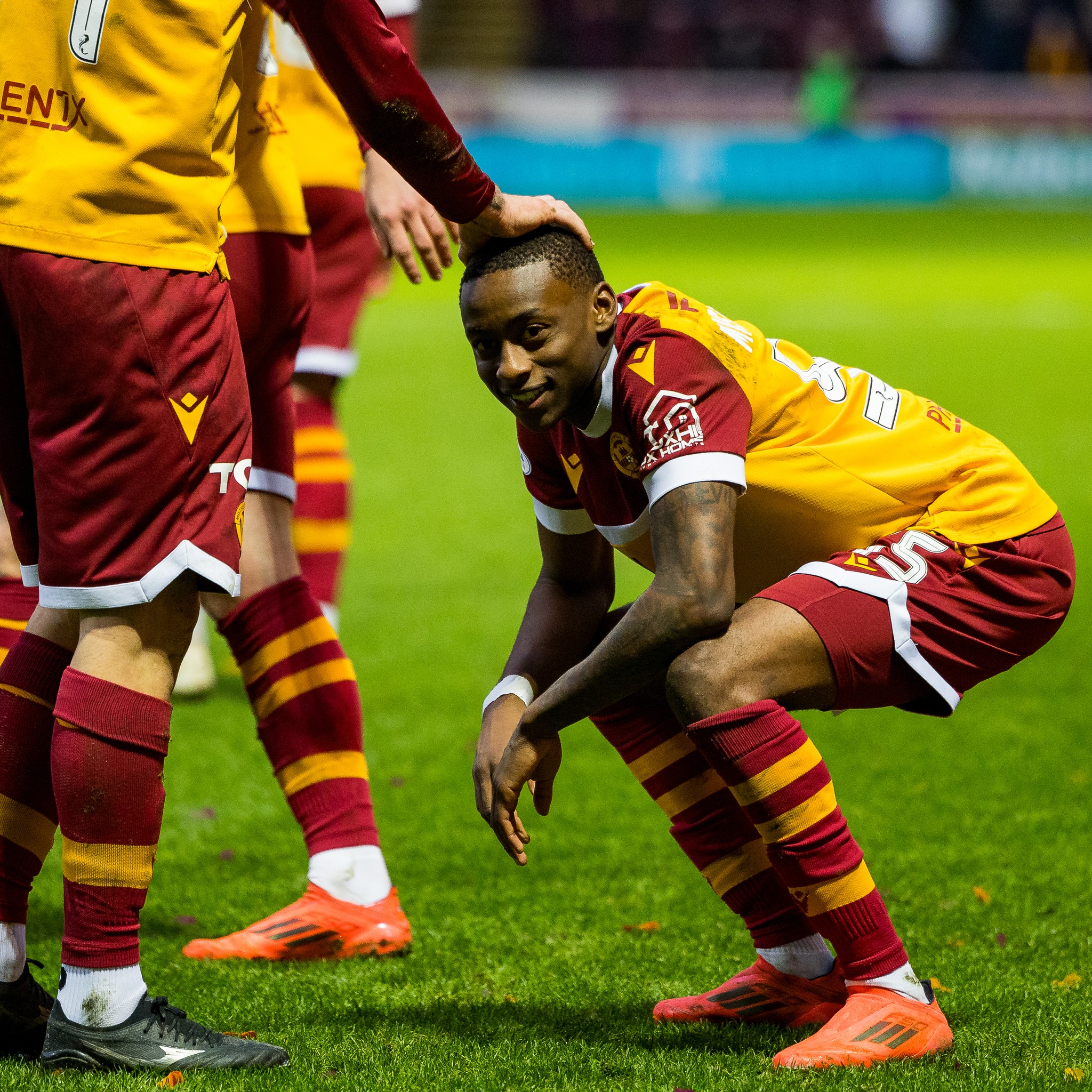 FILE: Tawanda Maswanhise celebrates after scoring for Motherwell FC in the Scottish Premiership match against Rangers FC on Sunday 29th December 2024. [Picture by: Raymond Davies Photography]