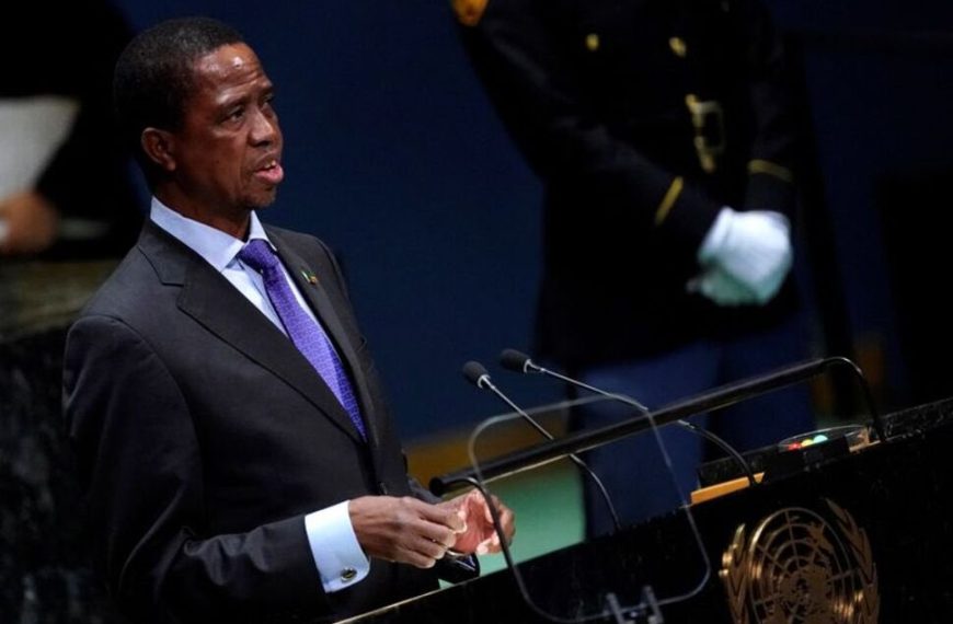 Zambian former President Edgar Lungu speaking at a high-profile United Nations General Assembly event in New York during his tenure as president.