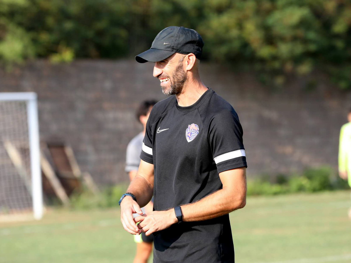 Montenegro coach Predrag Jaredic conducts training for Chinese Super League side Qingdao Hainlu FC Under 21 side.