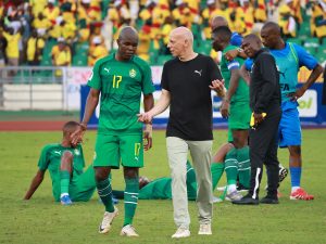 Home 5 Zimbabwe coach Michael Nees and Knowledge Musona at the Alassane Ouattara Ebimpé Olympic Stadium in Ivory Coast on Friday after the 2026 FIFA World Cup Group C qualifier between Benin and Zimbabwe.