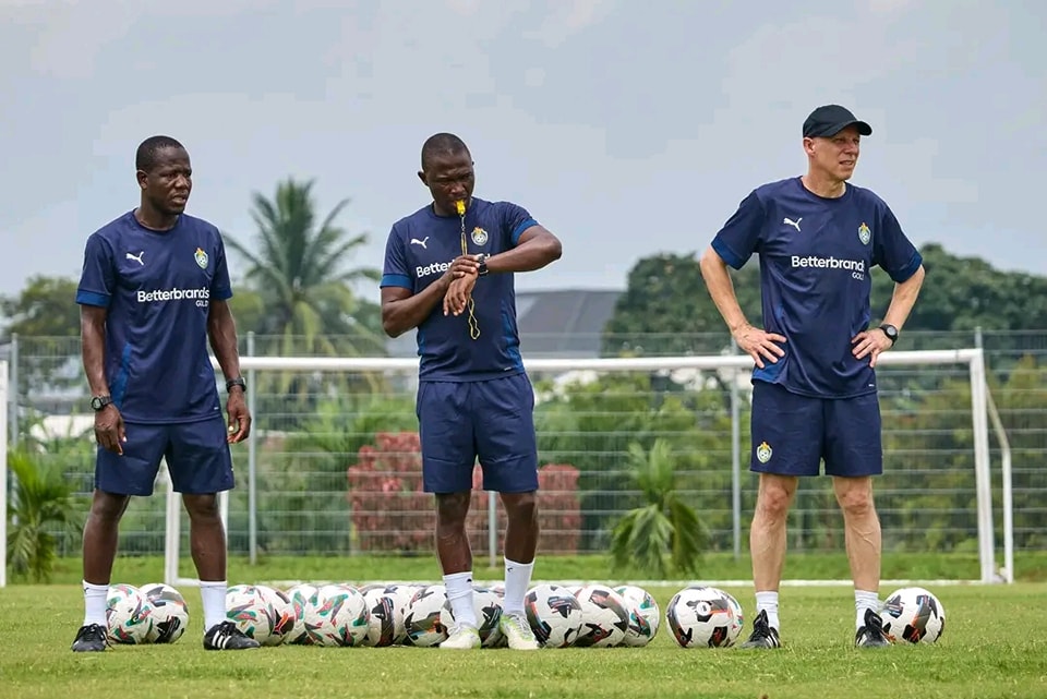 Zimbabwe national team coach Michael Nees and his technical team watch on as players go through their paces during a Warriors training camp on 24 March 2025.
