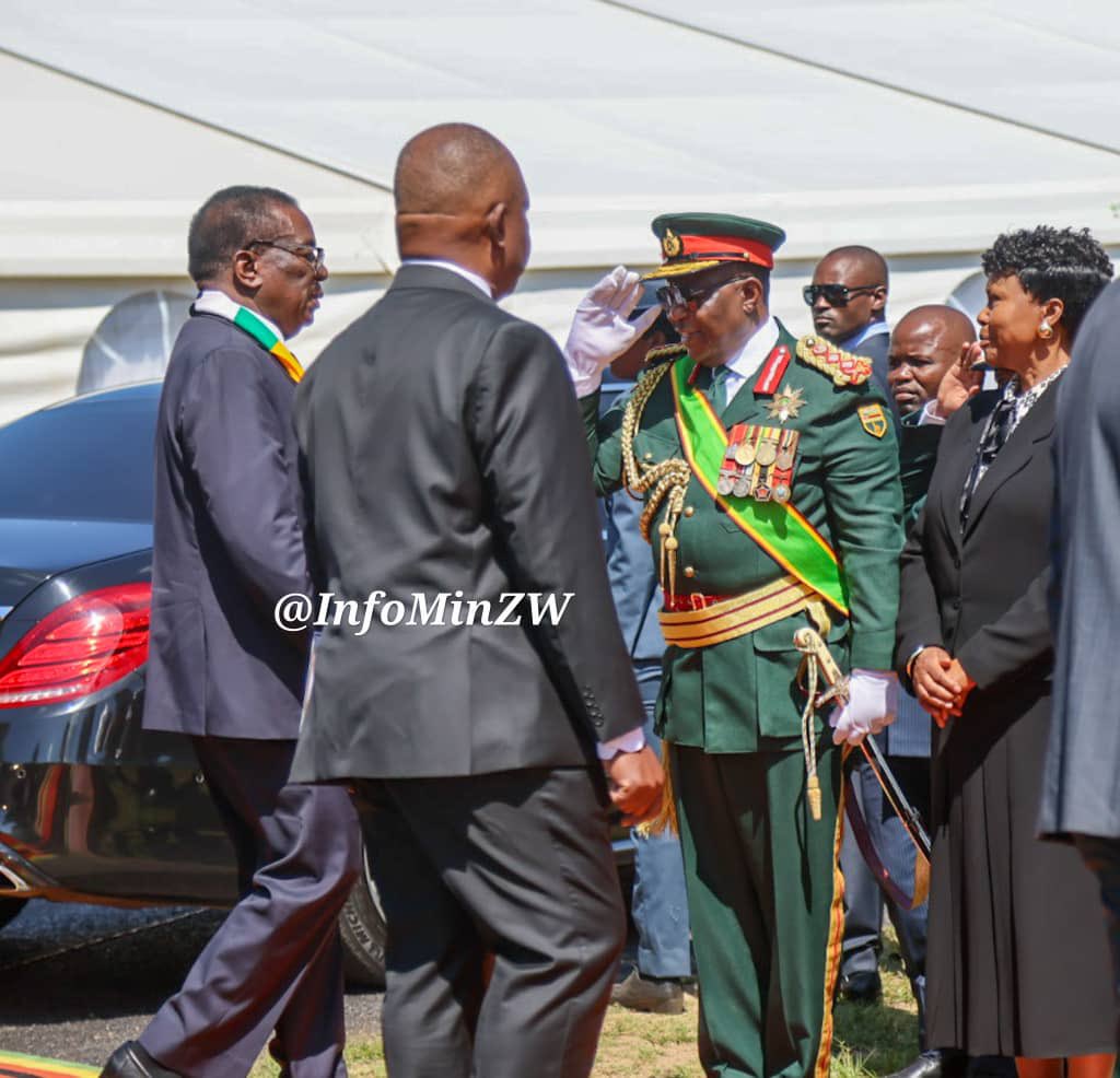 Vice President Rtd General Constantino Chiwenga salutes President Emmerson Mnangagwa on Monday 24th November 2025 at Charles Gumbo Barracks during the handover ceremony of Emmanuel Matatu as the new Commander of the Zimbabwe Defence Forces.
