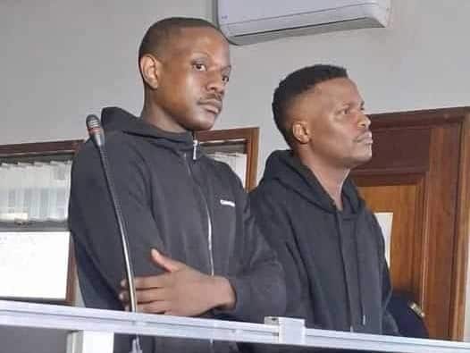 Bellarmine Chatunga Mugabe, youngest son of the late Zimbabwean President Robert Mugabe, and his co-accused Tobias Matonhodze in court facing attempted murder charges over the February shooting of an employee at Mugabe's Hyde Park home.