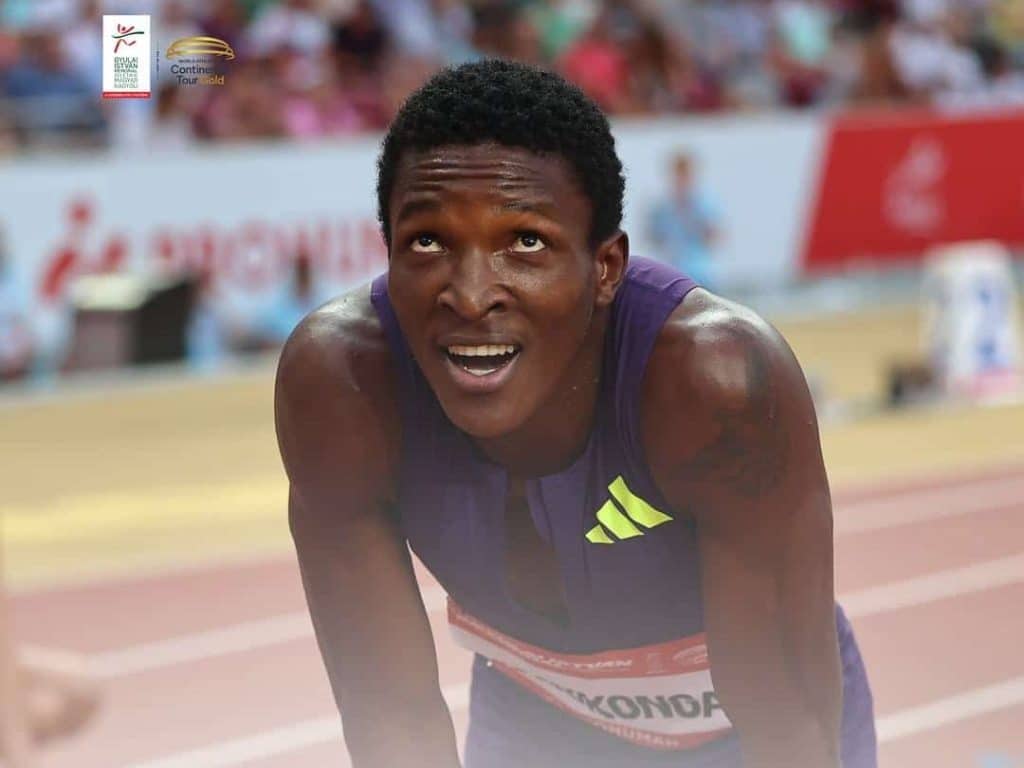 Zambian athlete Muzala Samukonga after the men's 400 metres event at the Gyulai István Memorial Hungarian Athletics Grand Prix in Budapest on Tuesday 14th July 2026.