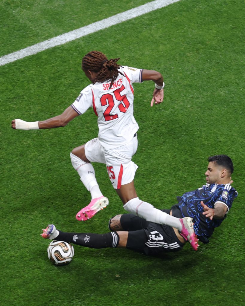 Controversial fullback Djed Spence in action during the 2026 FIFA World Cup semifinal match between England and Argentina on Wednesday 15th July 2026.