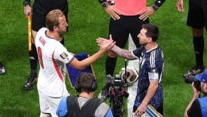 Home 9 Hary Kane greets Lionel Messi before the 2026 FIFA World Cup semifinal match between England and Argentina on Wednesday 15th July 2026.