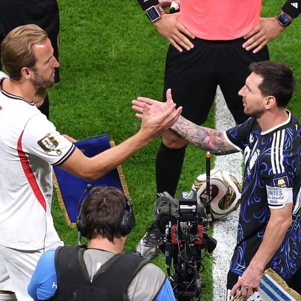 Home 17 Hary Kane greets Lionel Messi before the 2026 FIFA World Cup semifinal match between England and Argentina on Wednesday 15th July 2026.