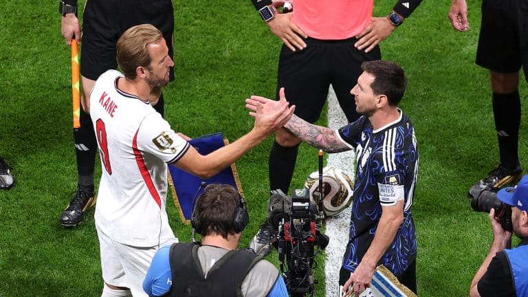 Hary Kane greets Lionel Messi before the 2026 FIFA World Cup semifinal match between England and Argentina on Wednesday 15th July 2026.