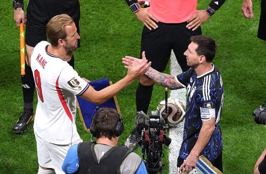 Home 1 Hary Kane greets Lionel Messi before the 2026 FIFA World Cup semifinal match between England and Argentina on Wednesday 15th July 2026.