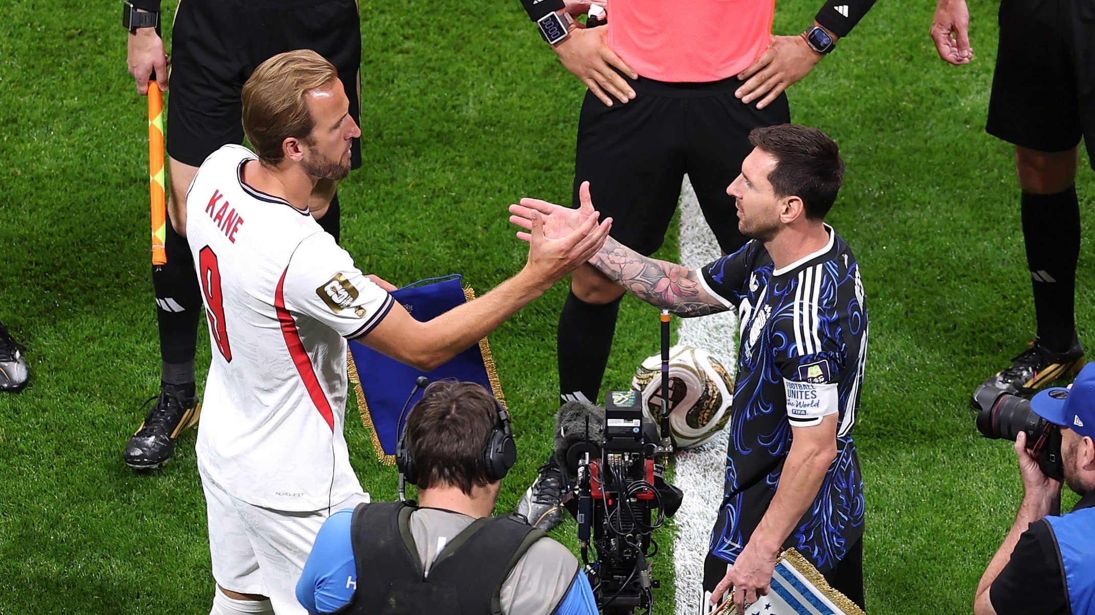 Hary Kane greets Lionel Messi before the 2026 FIFA World Cup semifinal match between England and Argentina on Wednesday 15th July 2026.